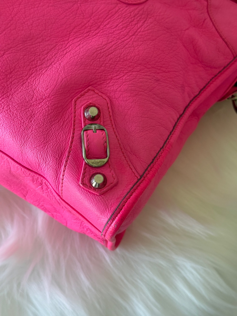 BALENCIAGA CITY BAG BARBIE PINK W/STRAP & MIRROR MOTO BAG MEDIUM ROSE FLUO NEON - Picture 10 of 15